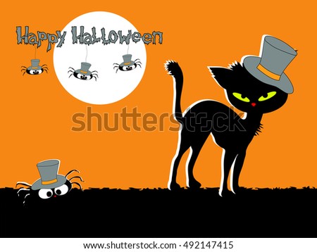 Halloween banners with black cat and spider in amusing hats, moon and a place for the text.
