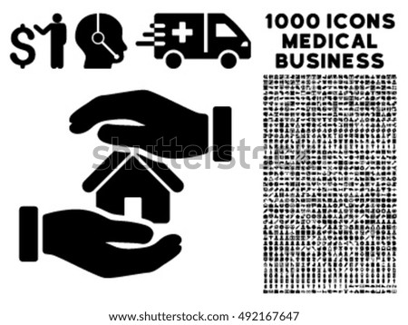 Realty Insurance icon with 1000 medical business black vector pictographs. Set style is flat symbols, white background.