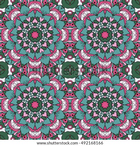 Oriental ornament relaxing. Mandala. Doodle Seamless pattern. Pink and blue tones