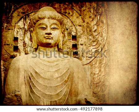 Grunge background with old paper texture and Buddha's statue, Longmen Grottoes, Luoyang, China
