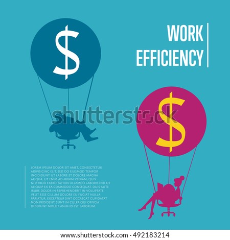 Silhouettes of business people flying on hot air balloon with office chair instead of basket. Work efficiency banner, isolated vector illustration. Abstract work smarter concept. Time is money idea