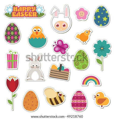 collection of easter theme stickers with eggs, flowers and chicks