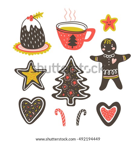 Vector cartoon hand-drawn collection of traditional yummy Christmas desserts, isolated on white background. Cup and gingerbread isolated on the white background.