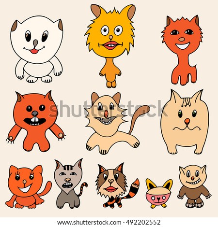 Set of cute cat cartoon. Art illustration of funny colored cat. Hand drawn art sketch cat.