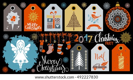 Christmas Holiday icons, tags. Merry Christmas, Christmas party hand written text, lettering. Tree, stocking, car, burning candle, fairy, ball, snowflakes, fairy, gift. Hand drawn isolated