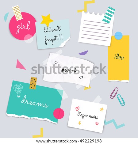 Stickers and note papers collection. Different scraps of paper stuck by sticky tape. Vector illustration. Royalty-Free Stock Photo #492229198