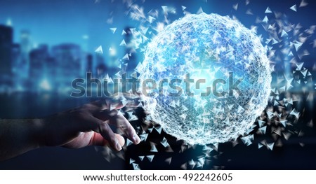 Businessman on blurred background touching 3D rendering data network sphere with his fingers