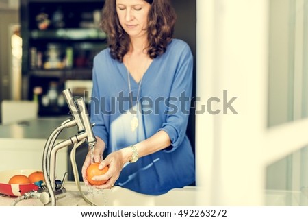 Mom Son Washing Fruits Togetherness Cheerful Concept
