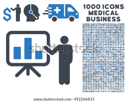 Presentation icon with 1000 medical business smooth blue vector design elements. Design style is flat bicolor symbols, white background.