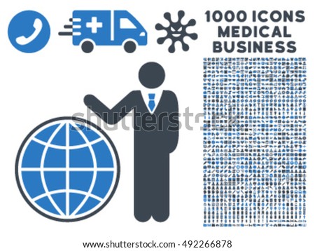 Planetary Manager icon with 1000 medical business smooth blue vector design elements. Design style is flat bicolor symbols, white background.