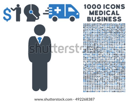 Manager icon with 1000 medical business smooth blue vector design elements. Design style is flat bicolor symbols, white background.