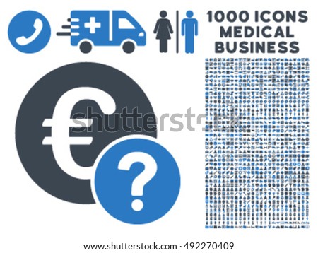 Euro Status icon with 1000 medical business smooth blue vector design elements. Design style is flat bicolor symbols, white background.