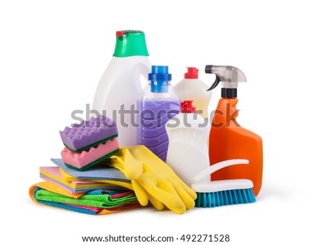 Cleaning items isolated on a white background Royalty-Free Stock Photo #492271528