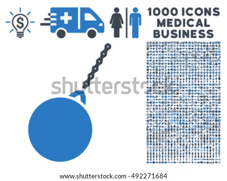 Destruction Hammer icon with 1000 medical business smooth blue vector pictograms. Design style is flat bicolor symbols, white background.