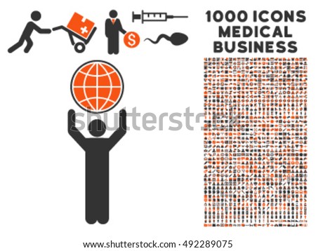 Globalist icon with 1000 medical business orange and gray vector pictographs. Collection style is flat bicolor symbols, white background.