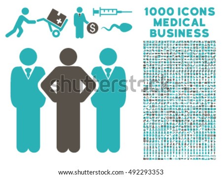 Team icon with 1000 medical business grey and cyan vector pictographs. Collection style is flat bicolor symbols, white background.