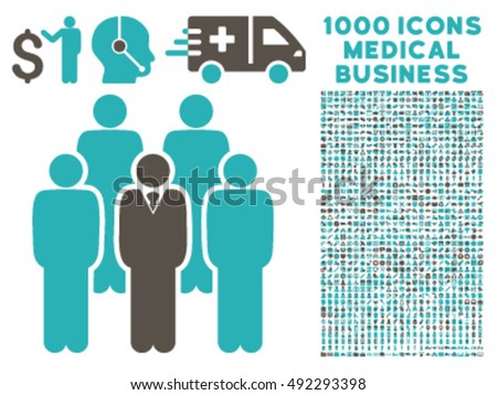 Staff icon with 1000 medical business grey and cyan vector design elements. Collection style is flat bicolor symbols, white background.