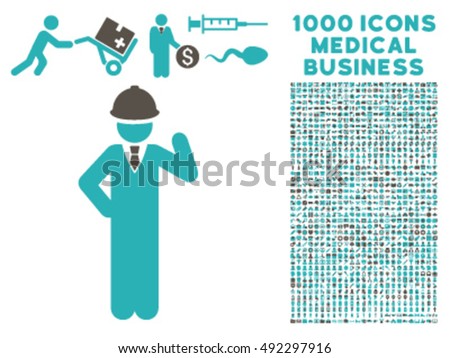 Engineer icon with 1000 medical business grey and cyan vector design elements. Design style is flat bicolor symbols, white background.