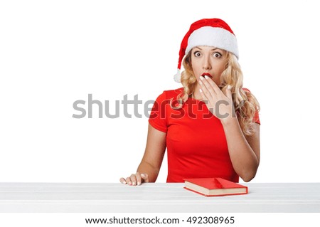 surprised christmas woman showing open hand palm with copy space, isolated on white background