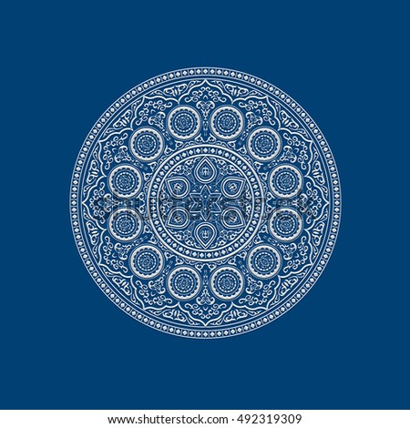 Ethnic Delicate White Mandala on blue. Round Ornament Pattern. Vector illustration for greeting card, postcard, invitation, poster, banner etc. Oriental decorative element