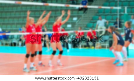Sport background blur. Boke spectacular game of volleyball as screensaver for sports poster.