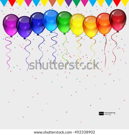 Birthday party vector background - realistic transparency colorful festive balloons, confetti, ribbons flying for celebrations card in isolated white background with space for you text.
