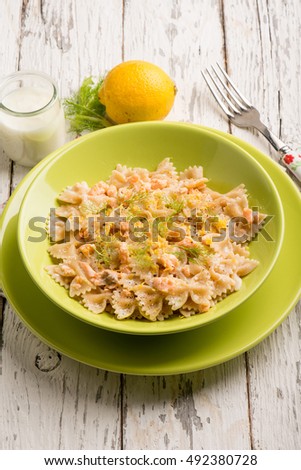 butterfly pasta with fresh salmon wild fennel and grated lemon peel