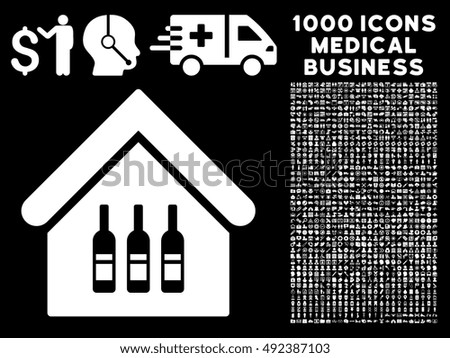 Wine Bar icon with 1000 medical commerce white vector design elements. Set style is flat symbols, black background.