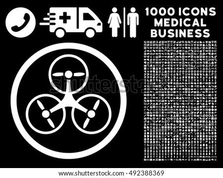 Tricopter icon with 1000 medical commerce white vector pictographs. Set style is flat symbols, black background.