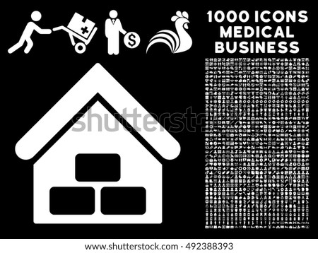 Warehouse icon with 1000 medical commerce white vector design elements. Design style is flat symbols, black background.