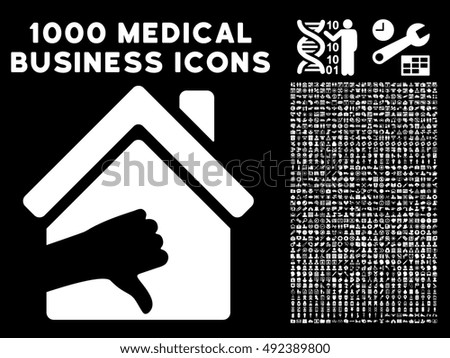 Terrible House icon with 1000 medical commerce white vector pictographs. Design style is flat symbols, black background.