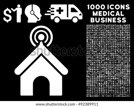 Telecom Office icon with 1000 medical commerce white vector pictographs. Design style is flat symbols, black background.