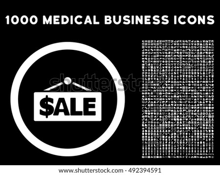 Sale Label icon with 1000 medical commercial white vector pictographs. Design style is flat symbols, black background.