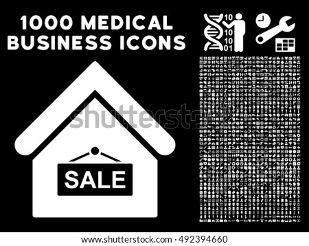 Sale Building icon with 1000 medical commerce white vector design elements. Collection style is flat symbols, black background.