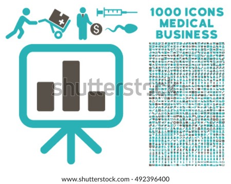 Bar Chart Display icon with 1000 medical business grey and cyan vector design elements. Collection style is flat bicolor symbols, white background.