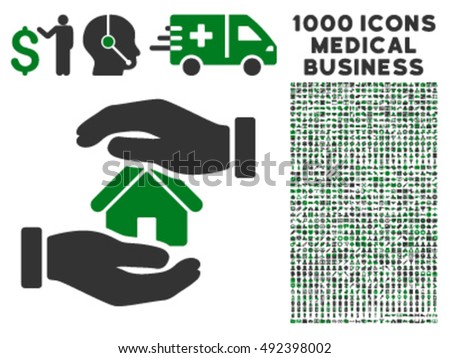 Realty Insurance icon with 1000 medical business green and gray vector design elements. Collection style is flat bicolor symbols, white background.