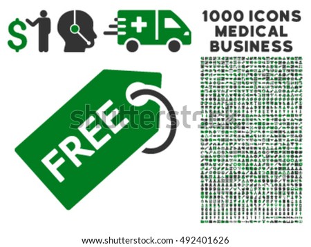 Free Tag icon with 1000 medical business green and gray vector design elements. Design style is flat bicolor symbols, white background.