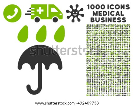 Rain Protection icon with 1000 medical business eco green and gray vector design elements. Design style is flat bicolor symbols, white background.