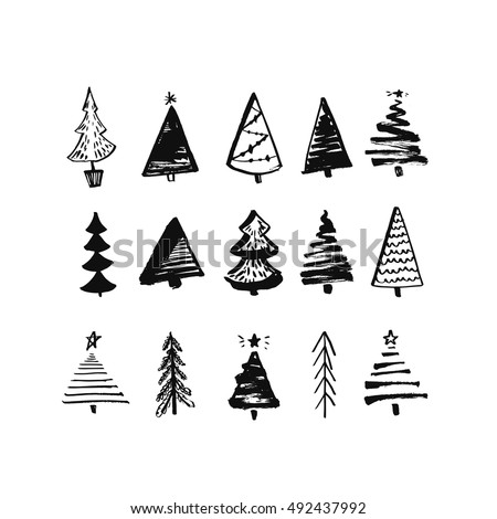 Hand drawn Christmas tree. Set of sketched illustrations of firs. Black ink and brush sketches of spruce for cards and package design. Vector elements