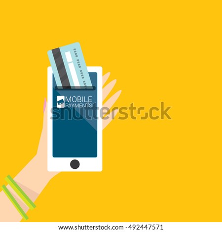 mobile payments vector concept . Flat design style vector illustration of modern smartphone with processing of mobile payments on the screen. Internet banking concept. wireless money transfer.