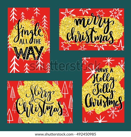 Christmas card set with modern calligraphy lettering and hand drawn elements, brushstrokes and glitter. Sparkling design with season greetings. Isolated on background. Vector illustration. 