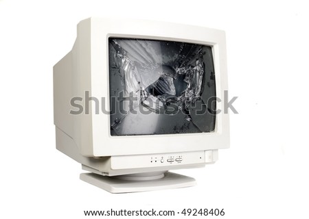 Broken screen of retro old white computer