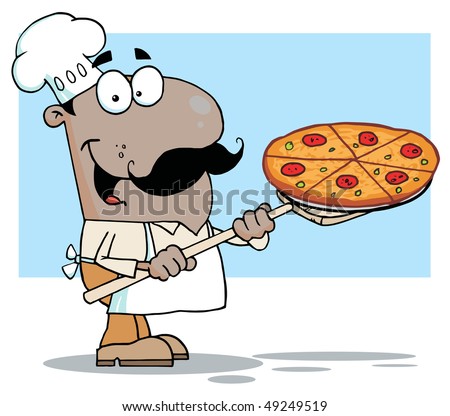Happy African American Chef Carrying A Pizza Pie On A Stove Shovel