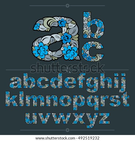 Floral alphabet sans serif letters drawn using abstract vintage pattern, spring leaves design. Blue vector font created in natural eco style.