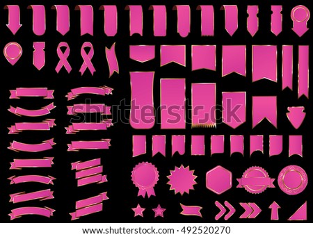 Banner pink vector icon set on black background. Ribbon isolated shapes illustration of gift and accessory. Christmas sticker and decoration for app and web. Label, badge and borders collection.