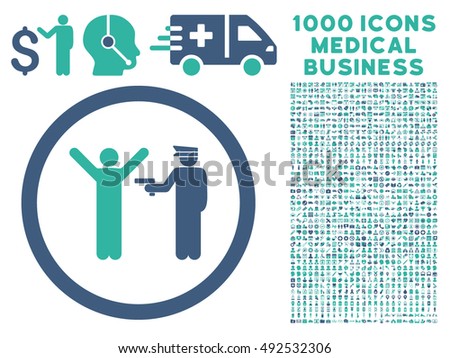 Cobalt And Cyan Police Arrest vector bicolor rounded icon. Image style is a flat icon symbol inside a circle, white background. Bonus clip art has 1000 medicine business elements.