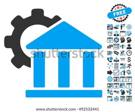 Bank Settings pictograph with bonus calendar and time management clip art. Vector illustration style is flat iconic bicolor symbols, blue and gray colors, white background.