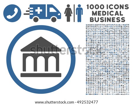 Cobalt And Gray Bank Building vector bicolor rounded icon. Image style is a flat icon symbol inside a circle, white background. Bonus clip art contains 1000 healthcare business design elements.