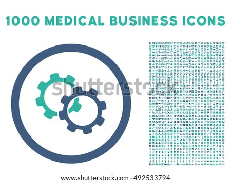 Cobalt And Cyan Gears vector bicolor rounded icon. Image style is a flat icon symbol inside a circle, white background. Bonus clip art has 1000 health care business elements.