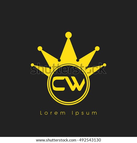 Logo letters C and W yellow crowned. Crown logotype design template on black background